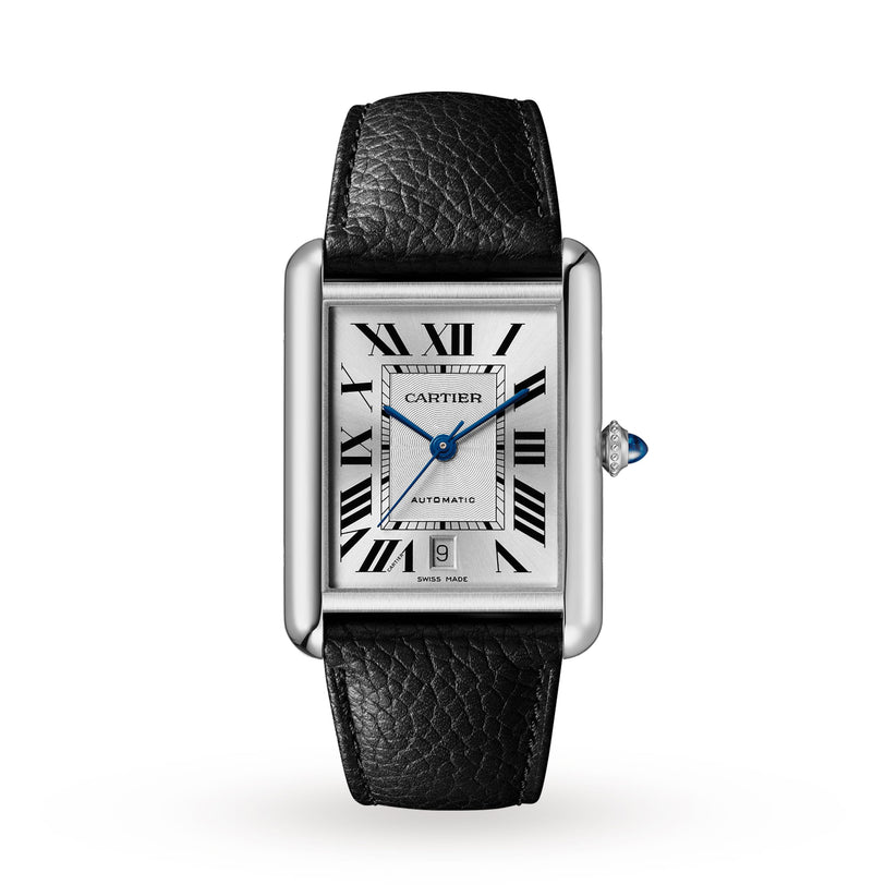 The Cartier Tank Must de Cartier is a rectangular mechanical watch with a black calfskin strap, silvered flinqué dial, Roman numerals, blue steel hands, and a date display at the bottom.