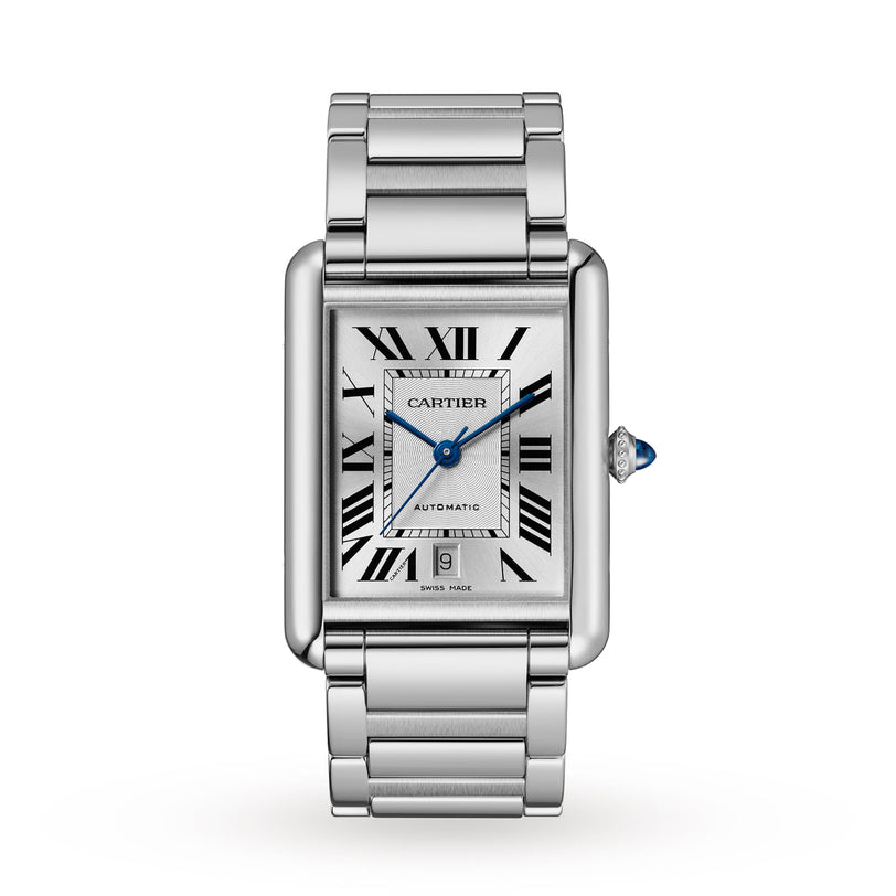 A Cartier Tank Américaine watch with a rectangular silvered dial, Roman numerals, blue hands, a date window at 6 o’clock, and a metal link bracelet on a white background.