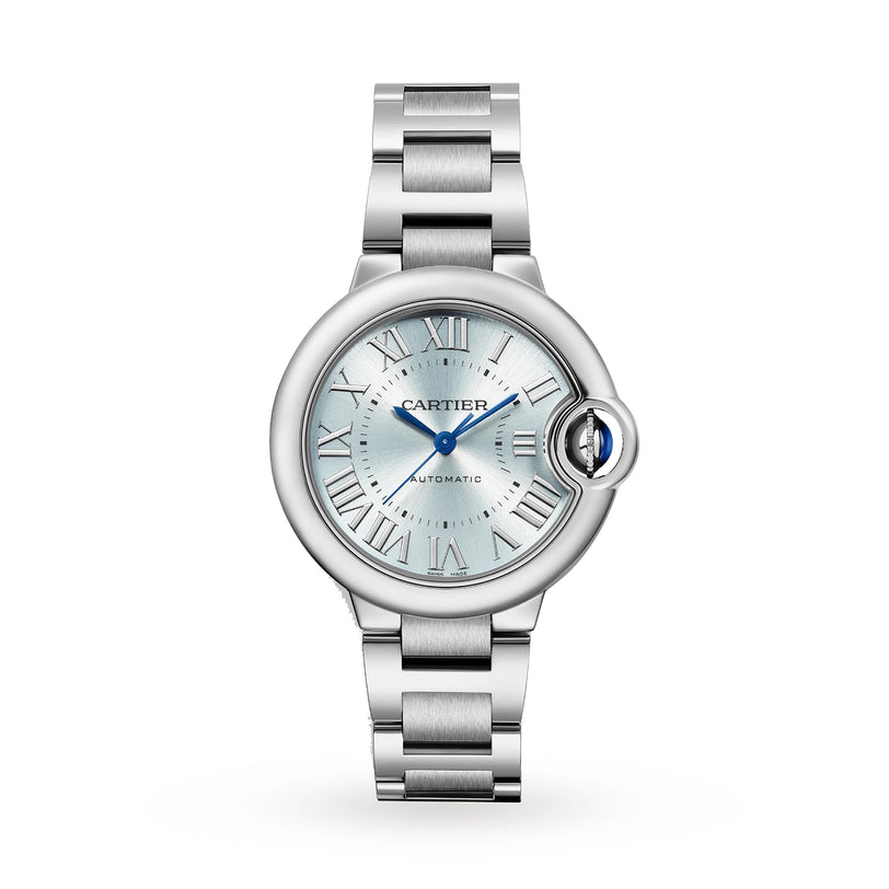 The Ballon Bleu de Cartier by Cartier features a silver round face, Roman numeral markers, blue hands, and an interchangeable steel bracelet, showcased on a white background.