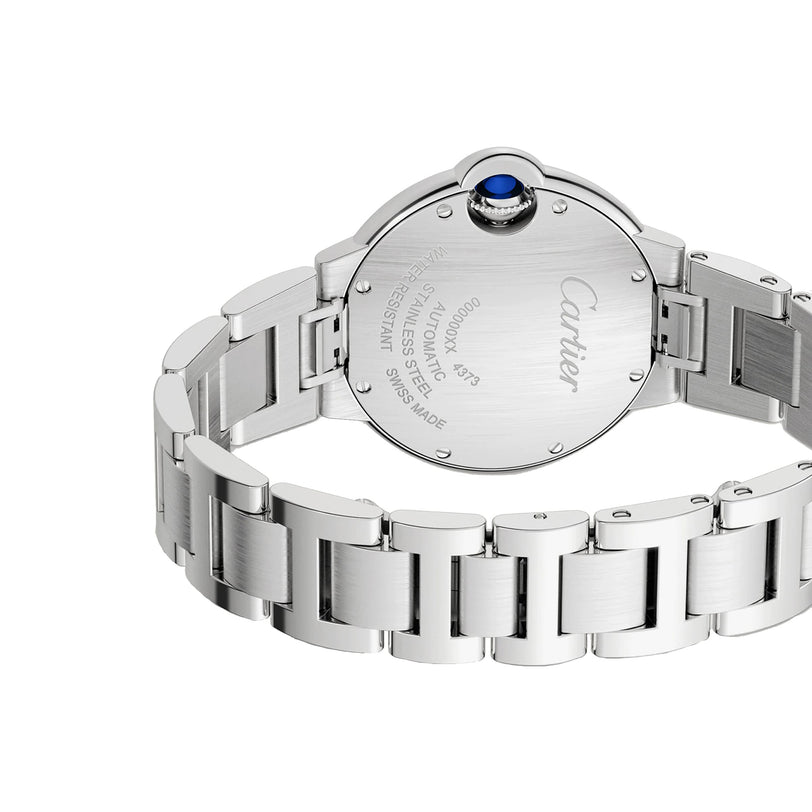 The Ballon Bleu de Cartier watch by Cartier features a round case, blue cabochon crown, engraved back, and an interchangeable steel bracelet with an elegant clasp—all displayed from the rear view.