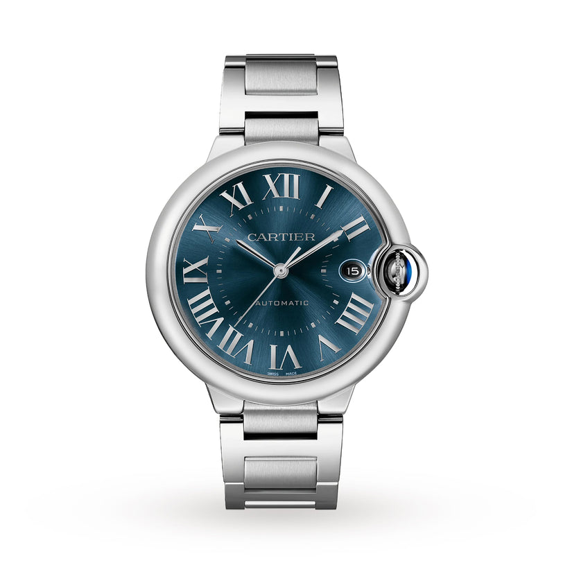 The Ballon Bleu de Cartier is a silver watch with a blue face, Roman numerals, automatic movement, a date window at 3 o’clock, and a steel bracelet by Cartier, shown against a white background.