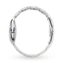 Side view of the Ballon Bleu de Cartier watch by Cartier, featuring a round face, steel bracelet, blue-accented crown, thin profile, and refined automatic movement.