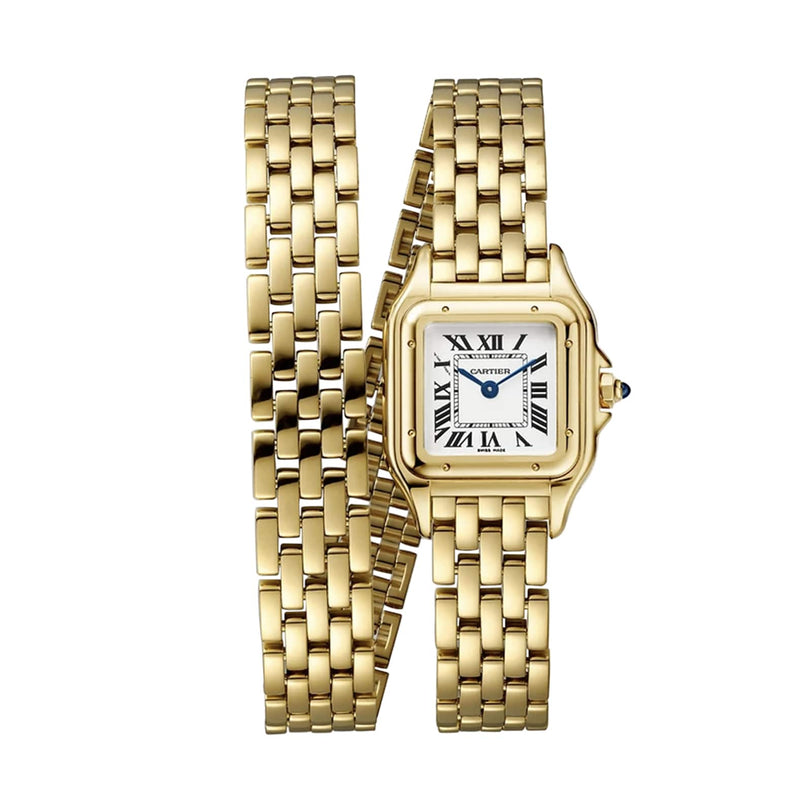 The Panthère de Cartier by Cartier features a yellow gold square face with Roman numerals, a sapphire crown, and an extra-long linked bracelet that wraps twice—an elegant tribute to the iconic design.