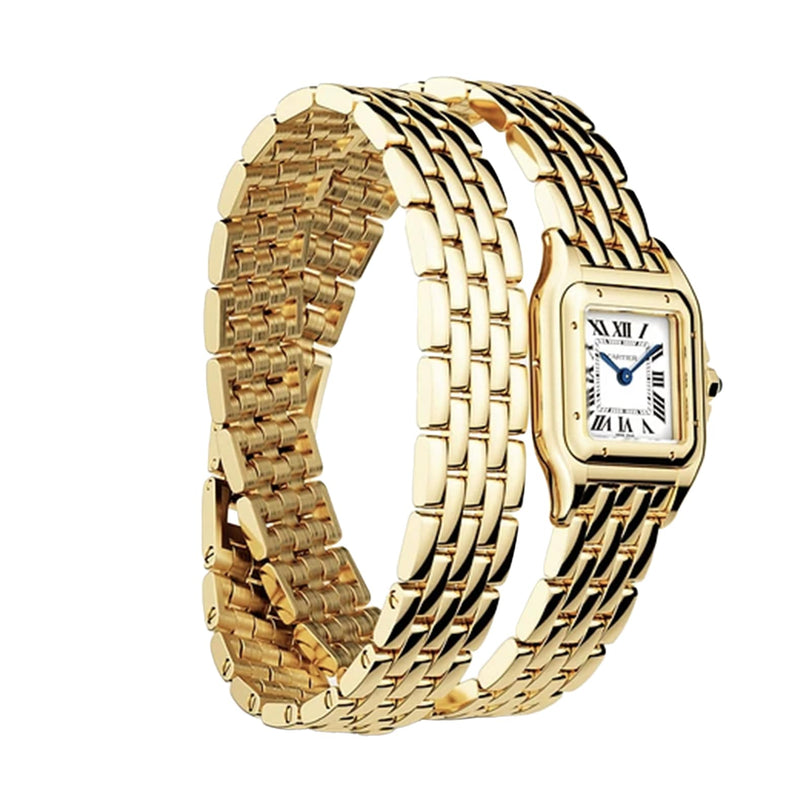 The Panthère de Cartier by Cartier showcases a square white dial with Roman numerals, blue hands, and a sapphire crown, finished with a wide yellow gold linked bracelet against a white background.