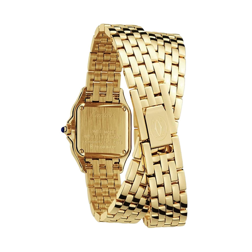 The Panthère de Cartier by Cartier is a yellow gold watch featuring a linked bracelet, an engraved case back, logo-engraved clasp, and the signature sapphire crown.