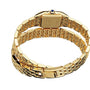 A Cartier Panthère de Cartier yellow gold watch with a linked bracelet is shown face down, highlighting the back and clasp against a white background.