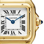 Close-up of a Cartier Panthère de Cartier watch in yellow gold featuring a white dial, black Roman numerals, blue hands, and a sapphire crown.