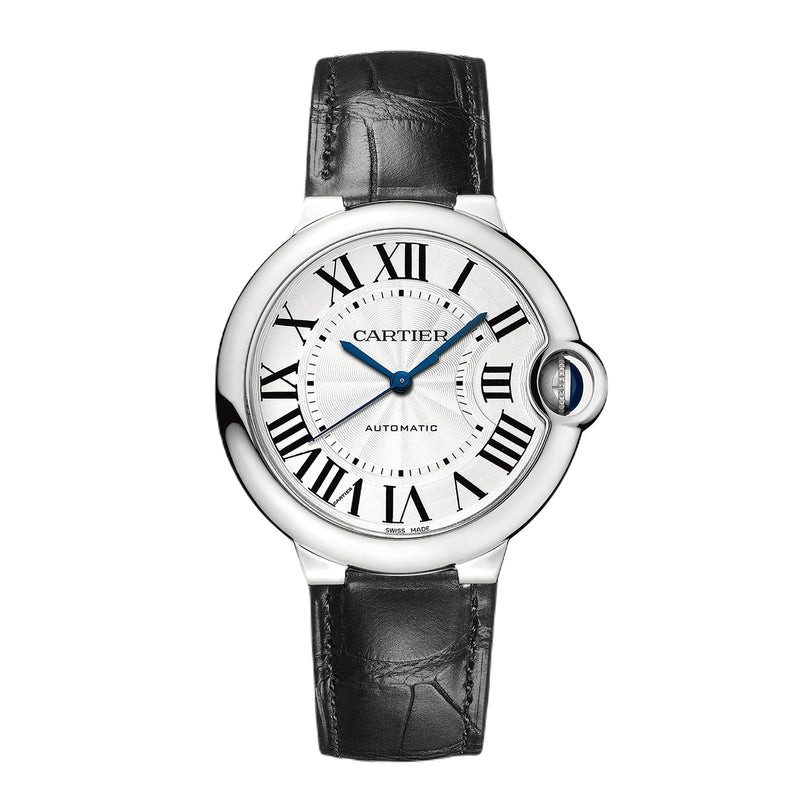 The Ballon Bleu de Cartier by Cartier features a white round dial with black Roman numerals, blue hands, an alligator leather strap, and a crown set within a circular guard on the right side.