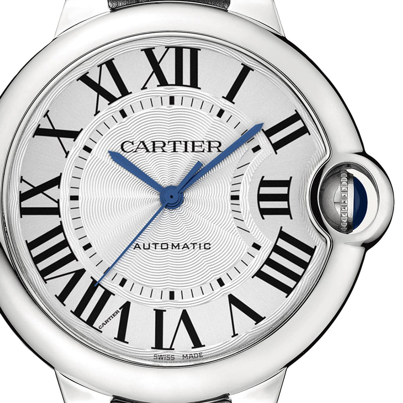 Close-up of the Ballon Bleu de Cartier by Cartier, featuring black Roman numerals, blue hands, a silver textured dial with the Cartier logo at the center, and an elegant alligator leather strap.