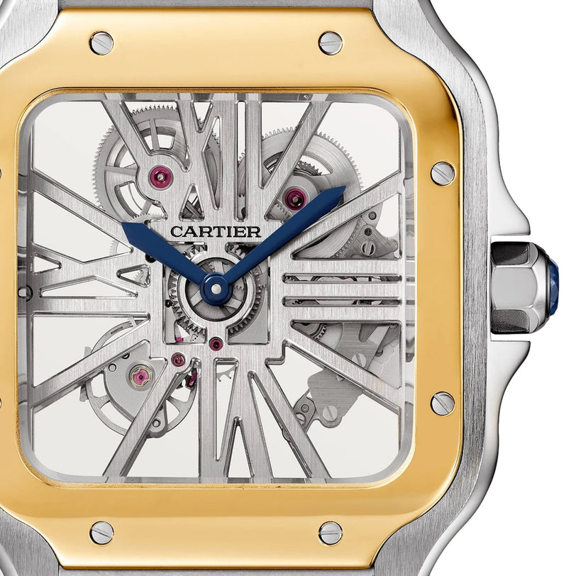 Close-up of the Santos de Cartier Skeleton by Cartier, highlighting blue hands, exposed gears revealing its mechanical movement, and a square bezel in gold and silver tones.