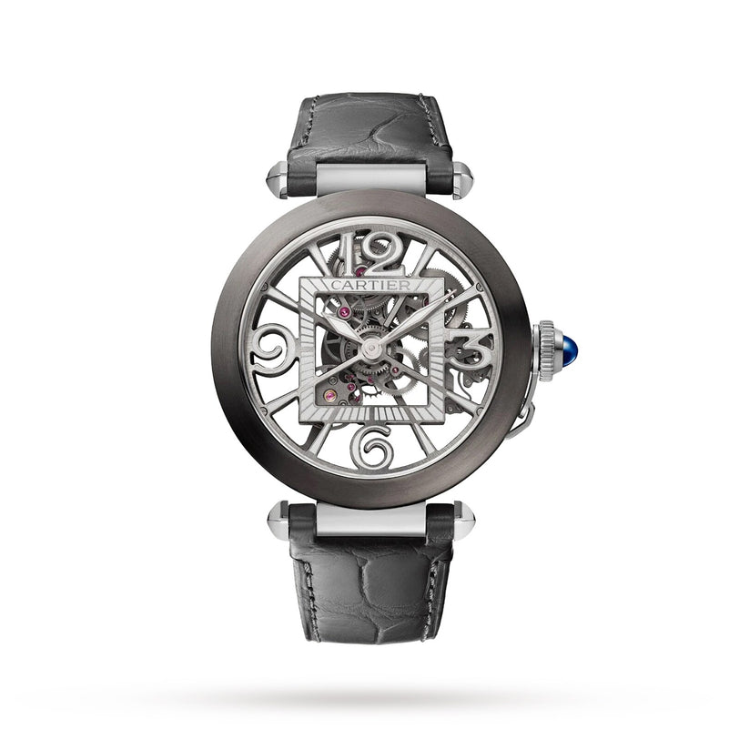 The Cartier Pasha de Cartier Skeleton watch features a round case, grey leather strap, visible skeleton movement, and Roman numerals, shown against a plain white background.