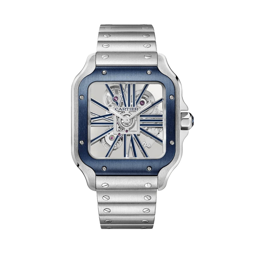 The Santos de Cartier Skeleton watch by Cartier features a silver metal band, blue bezel, exposed skeleton dial showcasing its Manufacture mechanical movement, and elegant Roman numeral markers.