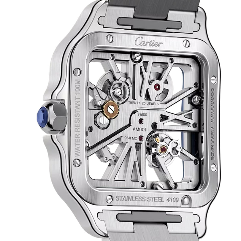 Close-up of the Santos de Cartier Skeleton watch, showcasing its exposed gears, engraved details, and blue crown—highlighting Cartiers precision mechanical craftsmanship.