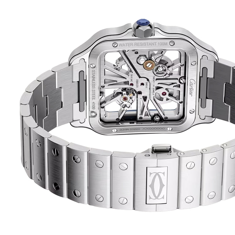 Rear view of the Santos de Cartier Skeleton watch by Cartier in stainless steel, displaying its openwork mechanical movement and engraved logo on the bracelet clasp.