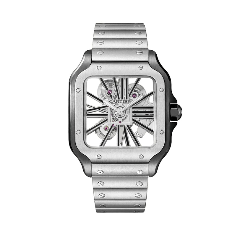 The Santos de Cartier Skeleton by Cartier features a stainless steel case, skeleton dial with visible gears, Roman numeral hour markers, and a matching metal bracelet, embodying minimalism and timeless elegance.