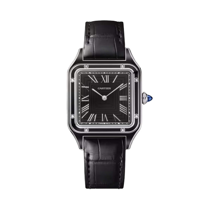 The Pasha de Cartier by Cartier is a square-faced wristwatch with a black leather strap, black dial with Roman numerals, silver accents, and a blue gemstone on the crown—offering geometric elegance and timeless style.