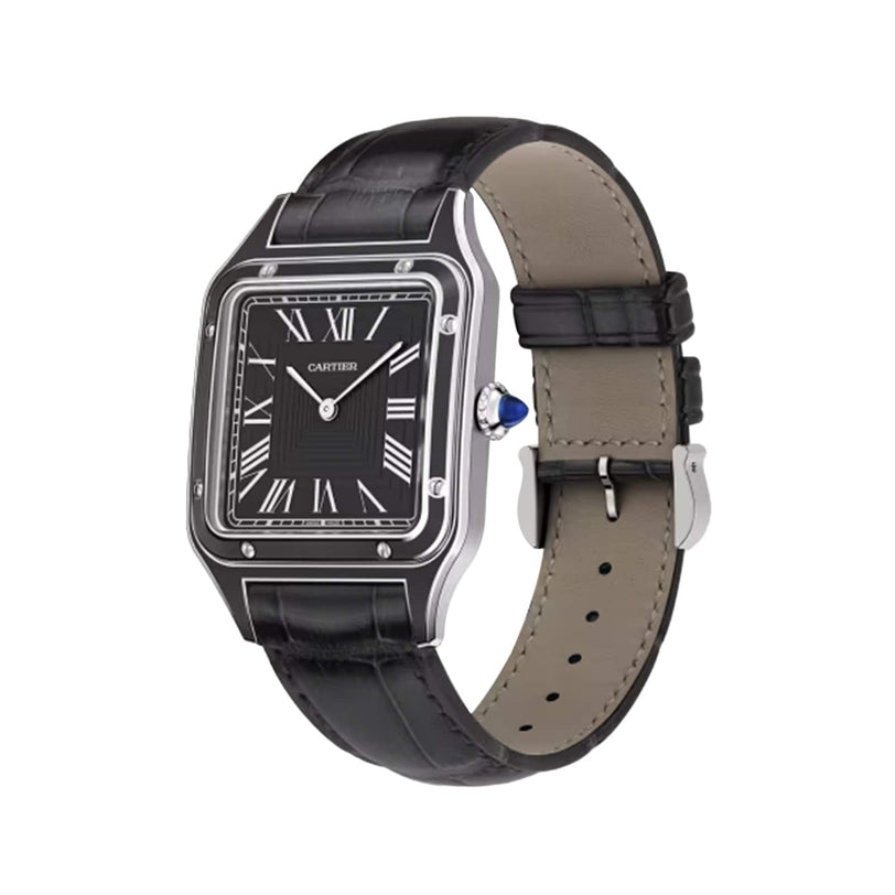 The Pasha de Cartier wristwatch by Cartier features geometric shapes, a sleek black rectangular dial with Roman numerals, and a black leather strap with a silver buckle—showcasing elegant minimalism and timeless design.