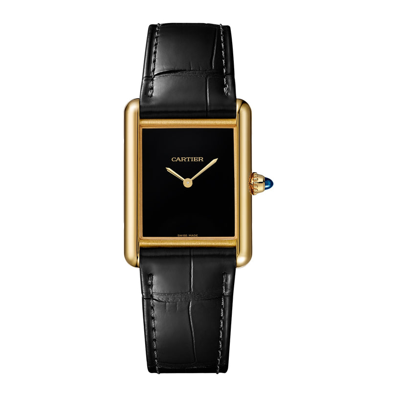 The Cartier Tank Louis Cartier is a gold rectangular watch with a black face, two gold hands, and a black leather strap.