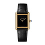 The Cartier Tank Louis Cartier features a gold case, black rectangular dial, and black leather strap.