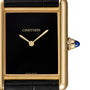 Cartier Tank Louis Cartier gold watch featuring a black square face, gold hands, and a blue gemstone set in the crown.