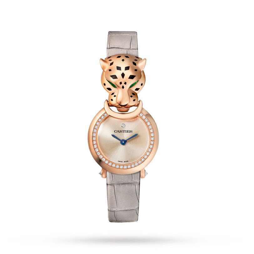 Cartier’s La Panthère de Cartier is a luxury rose gold watch with a round face, grey alligator leather strap, and a distinctive gold panther head with black spots and green eyes above the dial.