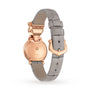 The La Panthère de Cartier watch by Cartier in rose gold features a gray alligator leather strap, showcased from the back to highlight its engraved case and buckle details.