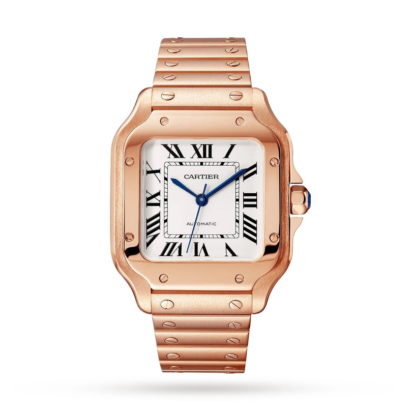 A Cartier Baignoire watch with a rose gold case and bracelet, white dial, black Roman numerals, and blue hands, featuring a precise mechanical movement, displayed against a plain white background.