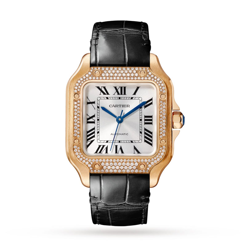 The Santos de Cartier by Cartier features a square rose gold case, diamond bezel, white dial with black Roman numerals and blue hands, black leather strap, automatic movement, and a crown set with a blue gemstone.