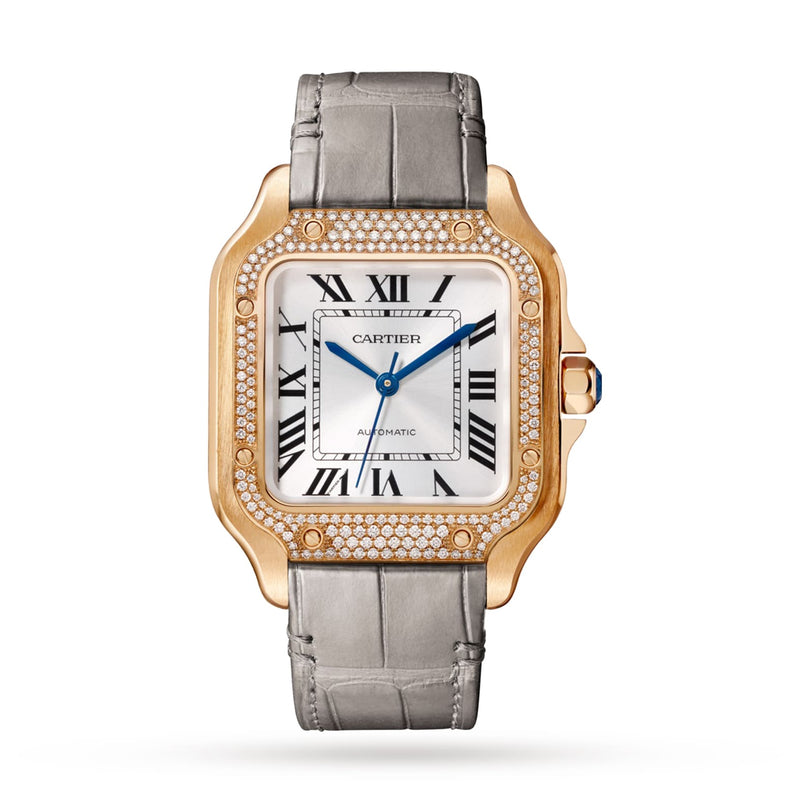 The Santos de Cartier by Cartier features a square rose gold and diamond bezel, Roman numeral indices, a gray leather strap, and automatic winding.