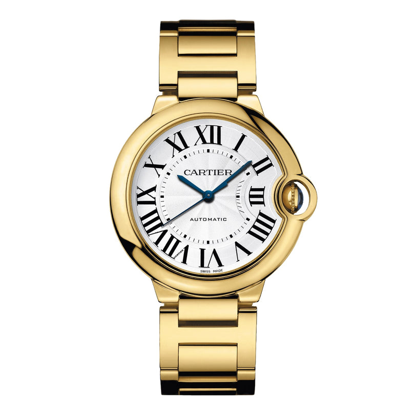 The Ballon Bleu de Cartier by Cartier is a yellow gold wristwatch featuring a white dial with black Roman numerals, blue hands, integrated crown at 3 oclock, metal bracelet, and an elegant mechanical movement.