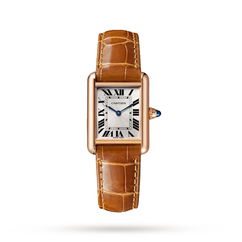 The Cartier Tank Louis Cartier is a rectangular watch with a rose gold case, white dial with Roman numerals, alligator leather strap, and a blue gemstone on the crown.