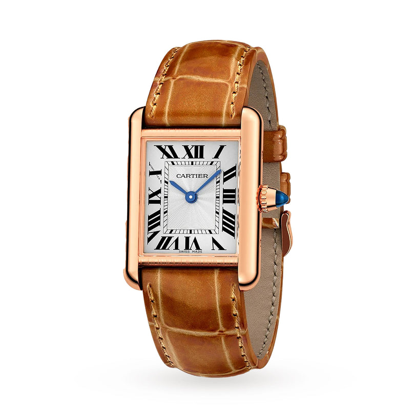 The Cartier Tank Louis Cartier watch features a rectangular rose gold case, brown alligator strap, white dial with black Roman numerals, blue hands, and a blue stone-set crown.