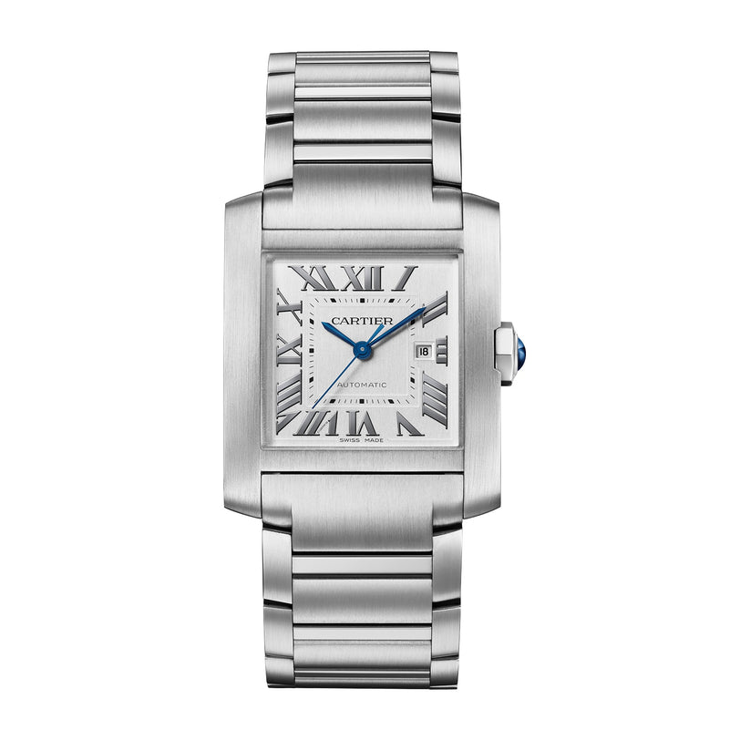 The Cartier Tank Française features a stainless steel rectangular case, Roman numeral dial, blue hands, date display, and a linked steel bracelet.