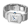 The Cartier Tank Française features a stainless steel case, rectangular face with Roman numerals, date window, blue cabochon crown, and is presented on a sleek steel bracelet.