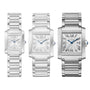 Three Cartier Tank Française watches with silver dials, Roman numerals, and elegant steel bracelets are shown side by side in small, medium, and large sizes.