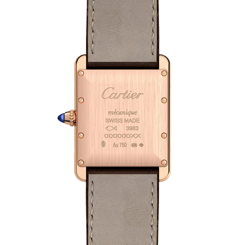 Back view of the Tank Louis Cartier rose gold watch with inscriptions—Cartier, mécanique, SWISS MADE, Au 750—a leather strap, and a crown adorned with a blue sapphire cabochon.