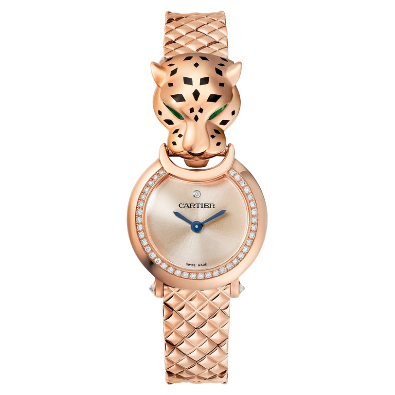 The La Panthère de Cartier by Cartier is a rose gold watch featuring a panther-shaped bezel and diamond accents surrounding the watch face.