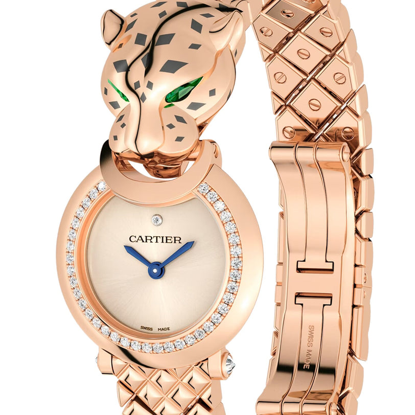 The La Panthère de Cartier watch by Cartier features a gold case, a diamond bezel, and a panther head design with green gem eyes.