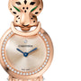La Panthère de Cartier by Cartier: a gold watch featuring a diamond bezel, sculpted panther head with green jeweled eyes, and blue hands.