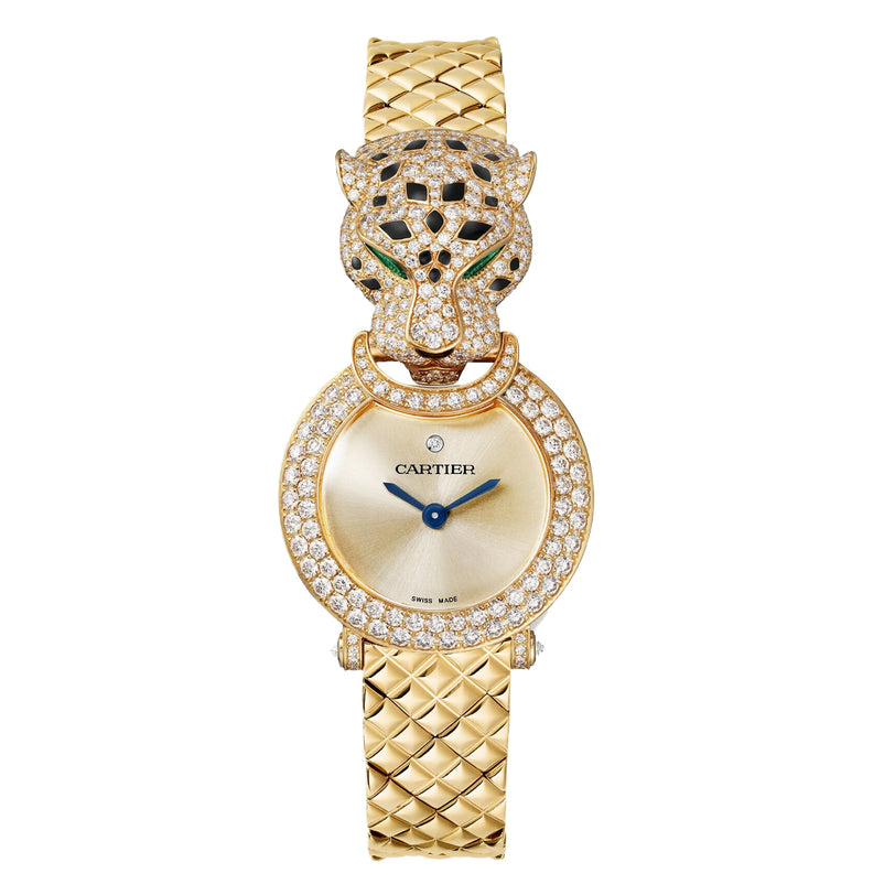 La Panthère de Cartier by Cartier: An 18K yellow gold watch with a diamond-studded panther head, round diamond-encrusted face, blue hands, and a textured gold band.