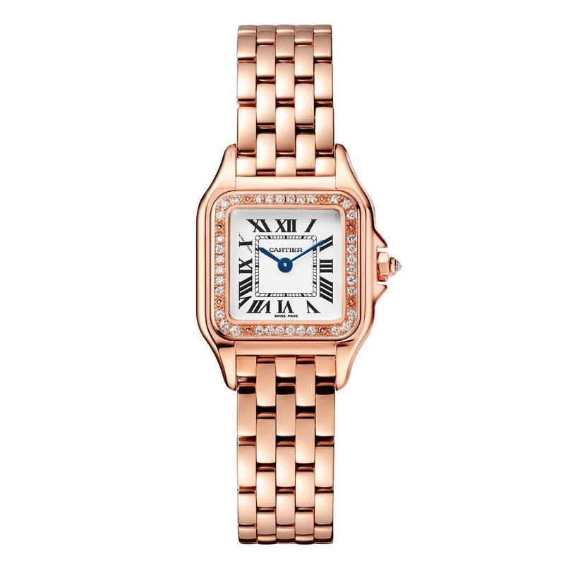 The Panthère de Cartier Small Model by Cartier features a rose gold linked bracelet, square face with Roman numerals, blue hands, diamond-set bezel, and displays the Cartier logo on this elegant watch.