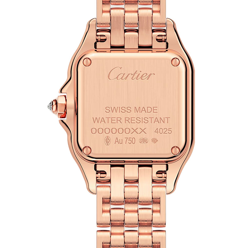Close-up of the back of a Cartier Panthère de Cartier Small Model watch in rose gold, engraved with Swiss Made, Water Resistant, and Au 750, featuring a metal link bracelet.