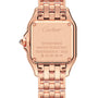Close-up of the back of a Cartier Panthère de Cartier Small Model watch in rose gold, engraved with Swiss Made, Water Resistant, and Au 750, featuring a metal link bracelet.