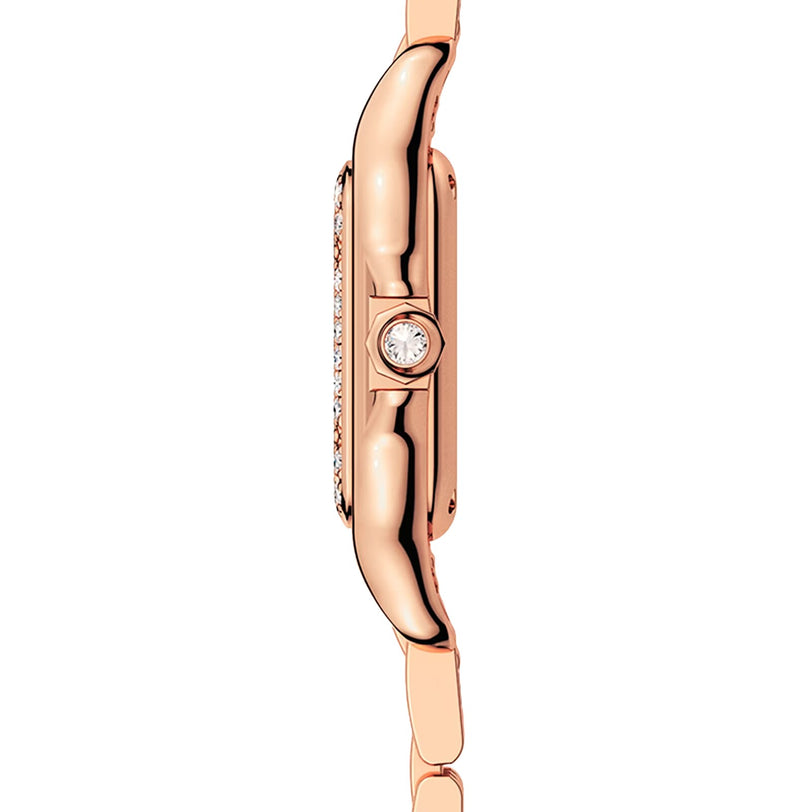 Side view of the Panthère de Cartier Small Model by Cartier, featuring a slim rose gold case, round crown, and narrow metal band, displayed against a white background.