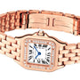 The Panthère de Cartier Small Model by Cartier features a rose gold case, diamond-set bezel, white dial with black Roman numerals, blue hands, and a linked bracelet, displayed from an angled perspective.