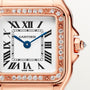 Close-up of the Panthère de Cartier Small Model by Cartier, featuring a square face, Roman numerals, blue hands, rose gold case, and a diamond-set bezel.
