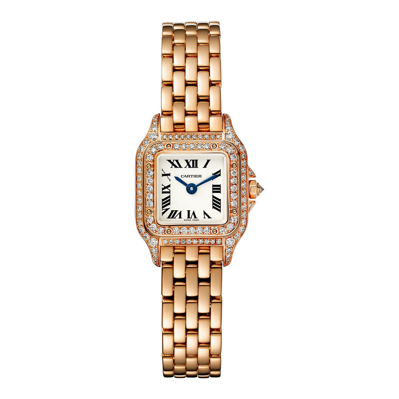 The Panthère de Cartier is a rose gold Cartier watch featuring a square diamond bezel, Roman numeral dial, and link bracelet.