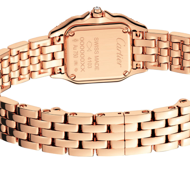 Close-up of a rose gold Panthère de Cartier bracelet by Cartier, highlighting the engraved case back and intricate links.