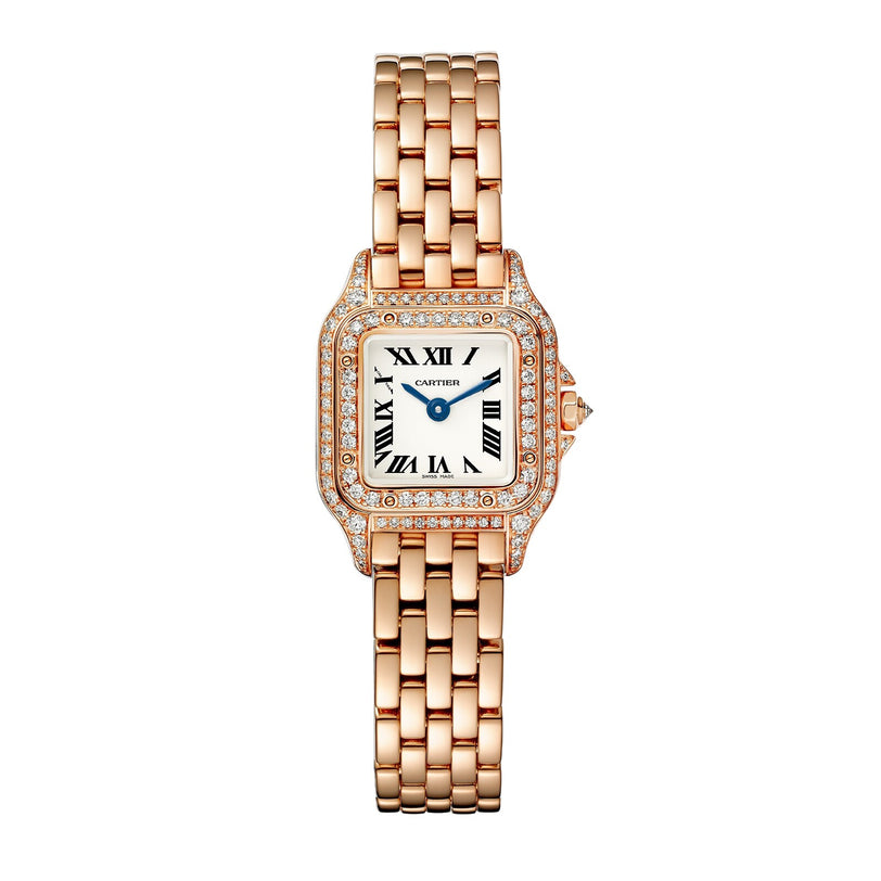 Panthère de Cartier rose gold wristwatch by Cartier featuring a diamond bezel, Roman numerals, and a linked bracelet.