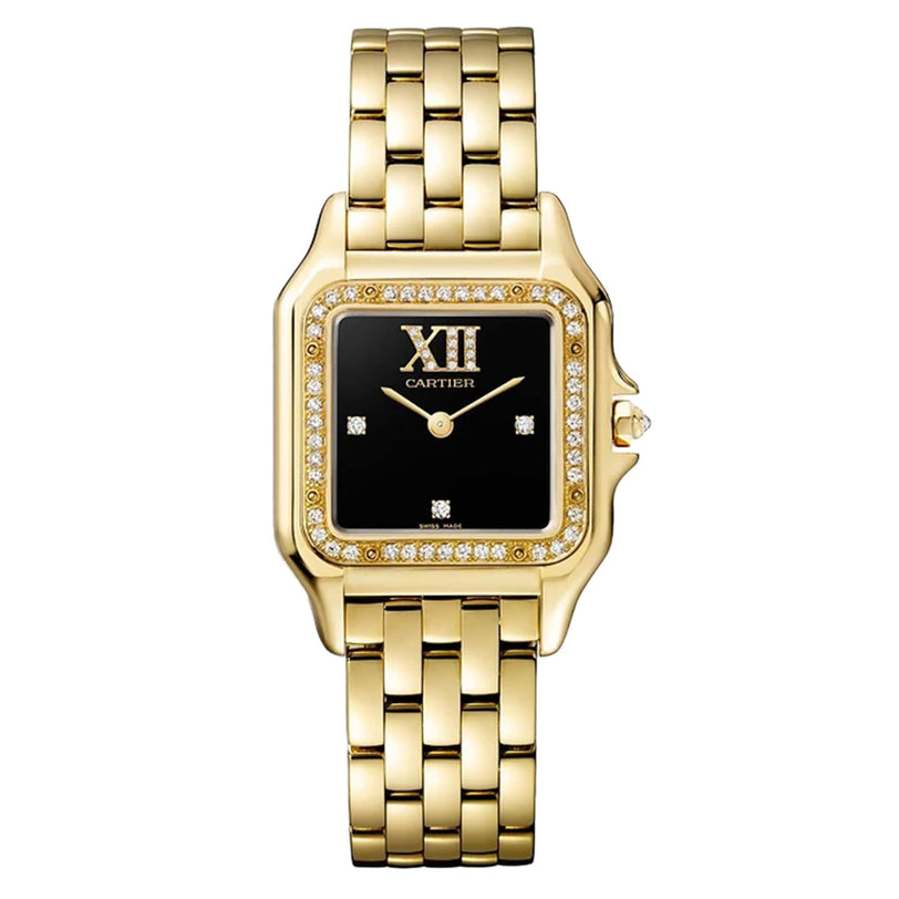 The Cartier Panthère de Cartier gold watch features a black square face, diamond accents, Roman numeral XII, and a linked metal bracelet—a luxurious timepiece with timeless chic.